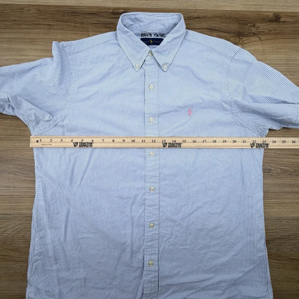 Polo Ralph Lauren Shirt Men Large Blue Seersucker Striped Button Preppy Formal